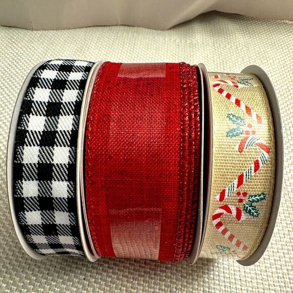 NWT celebrate it ribbon lot of three checks metallic red and candycane Christmas - Picture 1 of 5